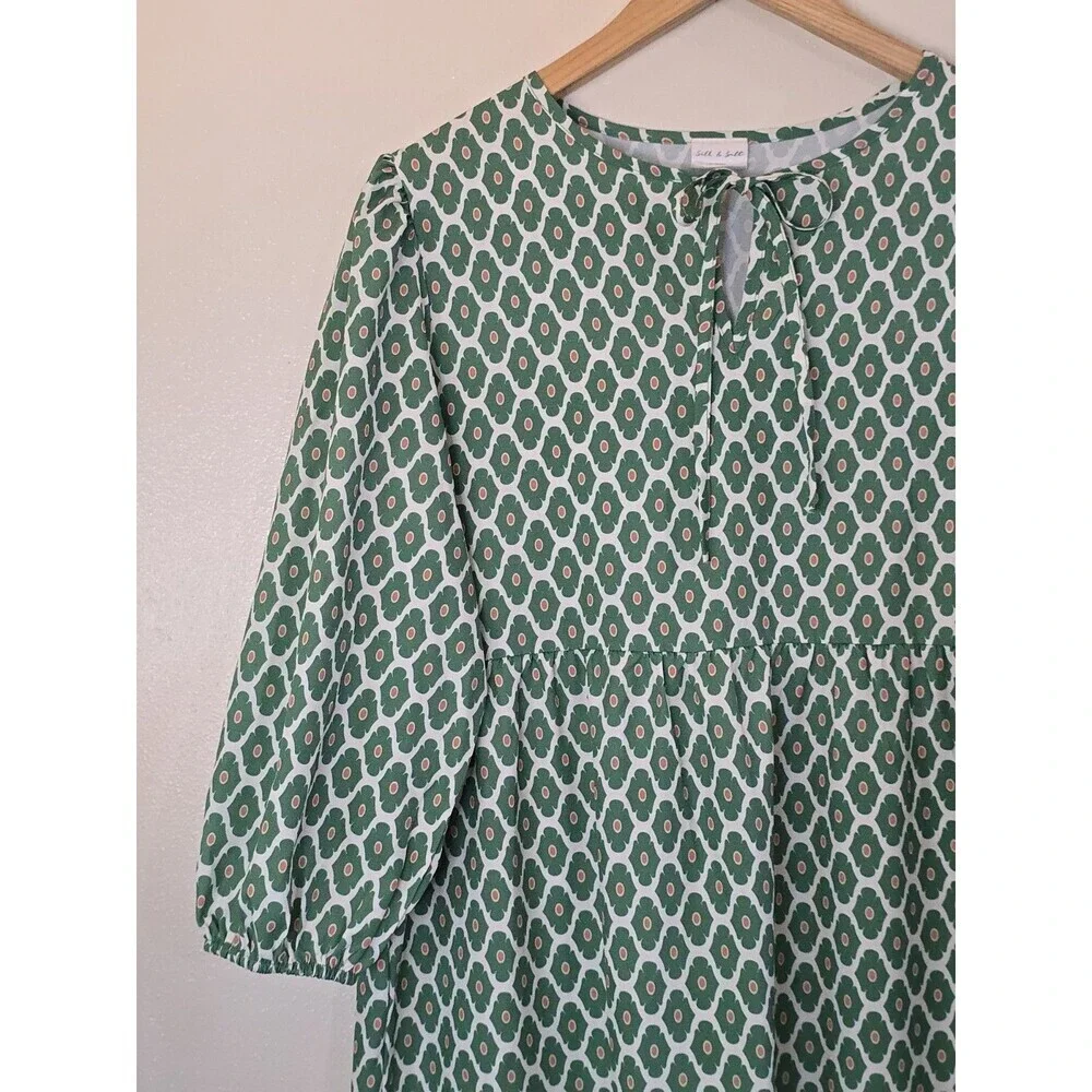 Silk & Salt Midi Dress Womens M Green Boho Tiered Peasant 3/4 Sleeve - Picture 4 of 14